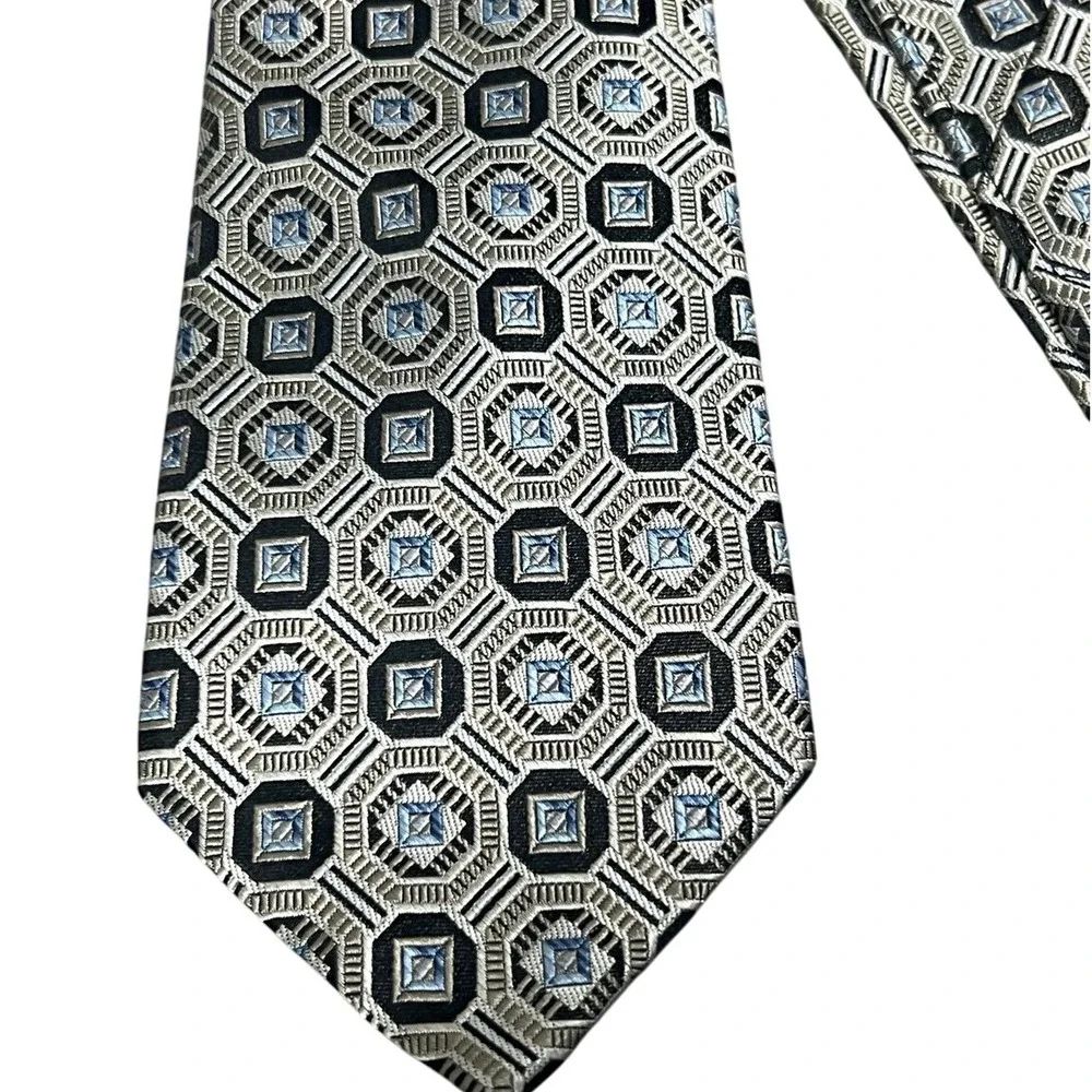 Pronto‎ Uomo Couture Geometric Pattern Silk Tie Beige, Black, Blue 0365